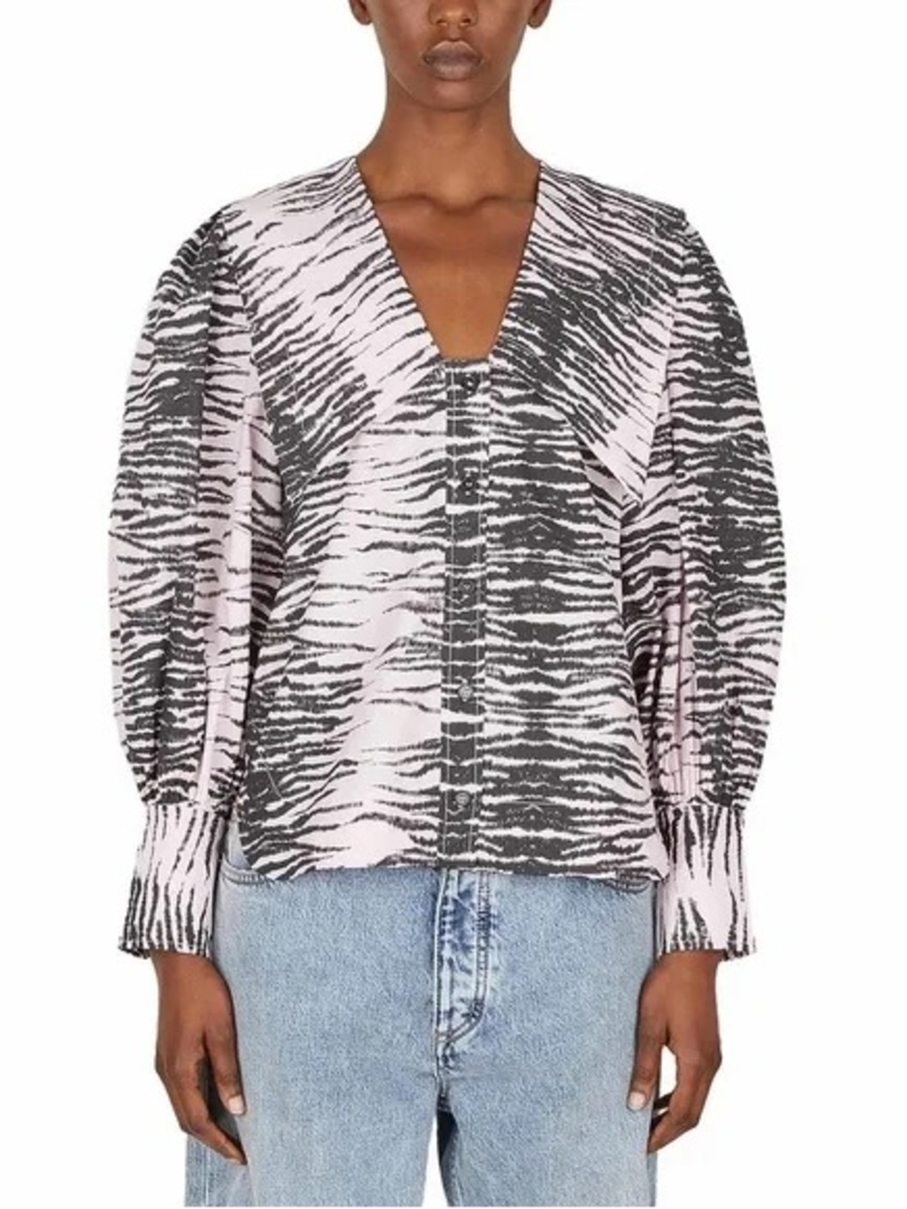 Ganni Pink and Black Zebra-Print V-Neck Blouse - Picture 2 of 6